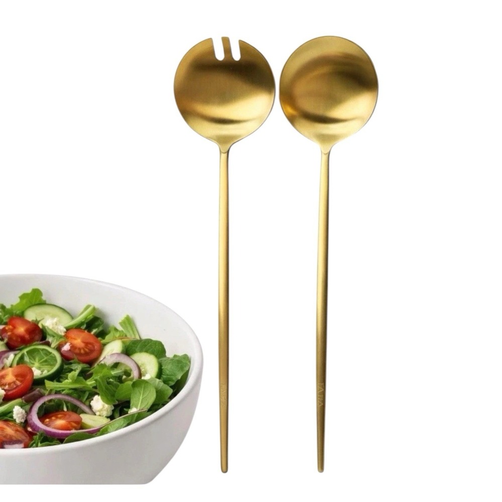 TAJA Collection Salad Servers Set Gold Stainless Steel Modern Brass Tone 11.8"